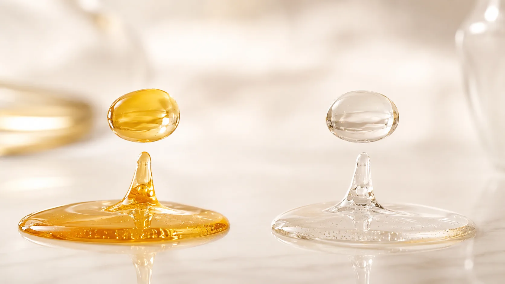 Two droplets, one golden and one clear, risen into forms and facing each other