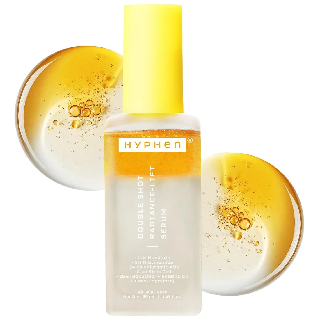 HYPHEN Double Shot Radiance Lift Serum bottle, showing the golden oil phase resting above the clear water phase