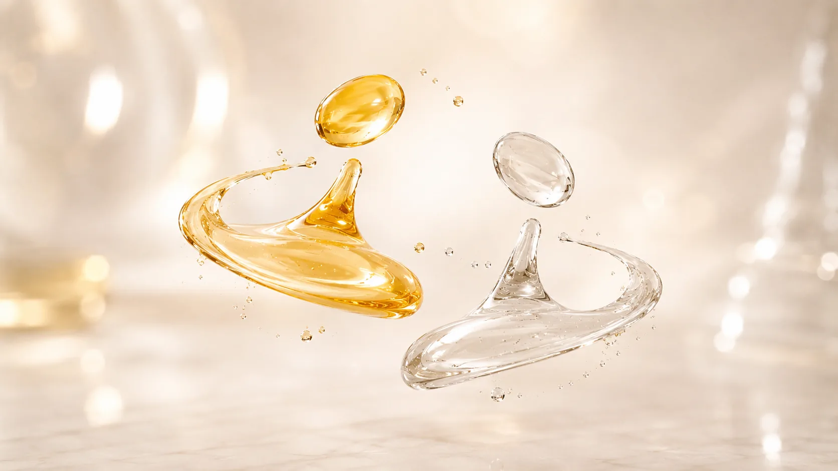 Golden and clear forms with small droplets circling one another in mid-air
