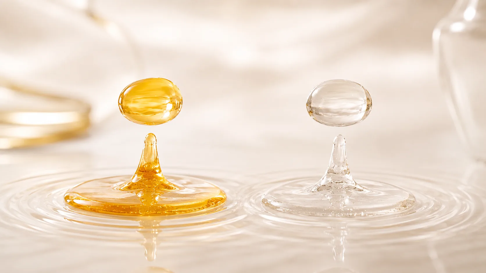 Both droplets hovering over rippling pools, drifting closer together